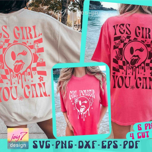 Yes Girl You Can SVG PNG Girl Power Svg Self Love Club Svg Boho trendy Svg Groovy Svg Checkered retro Png Positive quote Svg Front and back