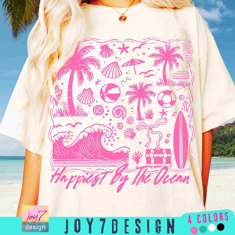 Happiest By The Ocean PNG Retro Beach Shirt Png Summer Palms Ocean Trendy Summer shirt Png Coquette Funny Summer Png Summer design ORIGINAL image 1