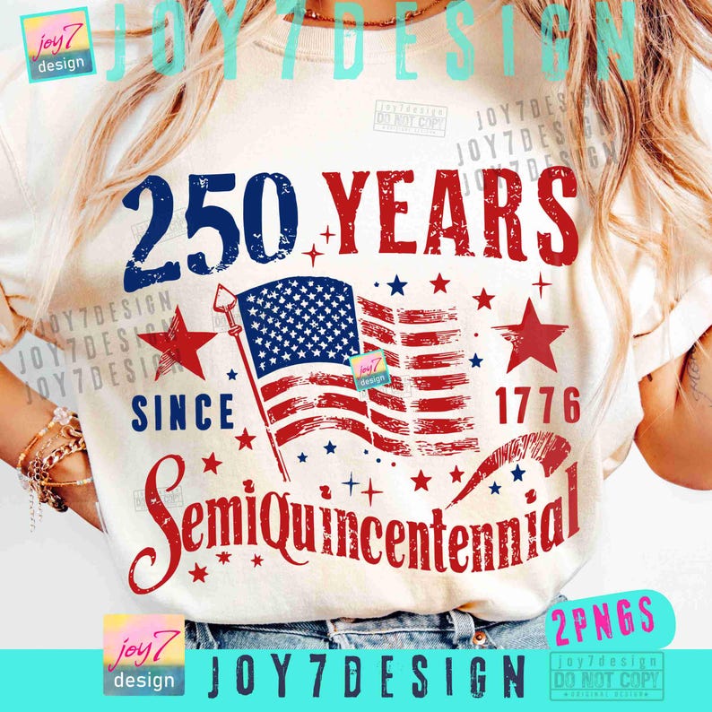 May include: Cream-colored t-shirt with a patriotic design. The graphic features the text "250 YEARS SINCE 1776 Semiquincentennial" with an American flag and stars in red, white, and blue.