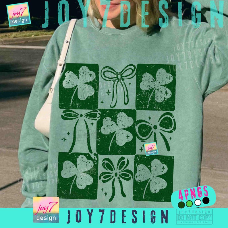 Puede incluir: Una sudadera verde con un dise&ntilde;o de cuadr&iacute;cula de tr&eacute;boles y lazos verdes. La sudadera tiene el texto "JOY7 DESIGN" y "4PNGS". El dise&ntilde;o tiene la tem&aacute;tica del D&iacute;a de San Patricio.