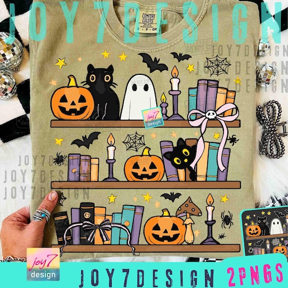 Halloween Bookshelf PNG Boo Ghost Reading Book Coquette Bow Halloween Book Png Cute Black Cat Halloween Sublimation Design Library ORIGINAL