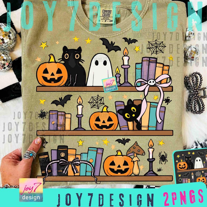 Halloween Bookshelf PNG Boo Ghost Reading Book Coquette Bow Halloween Book Png Cute Black Cat Halloween Sublimation Design Library ORIGINAL image 1