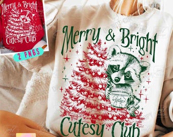 Merry & Bright Raccoon Christmas PNG Funny Raccoon Girly Christmas Digital Download ORIGINAL Design