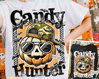Candy Hunter Grappige Halloween Trendy Jongen Halloween Pompoen Gezicht PNG Halloween Humor Retro Checker Grappige Pompoen Spookachtig PNG ORIGINEEL