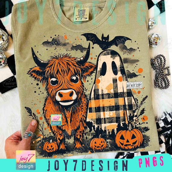 Cute Fall Highland Cow Ghost PNG Checkered Halloween Western Spooky Season Autumn Cow Shirt design Boo ghost Fall Pumpkin Cow Lover ORIGINAL