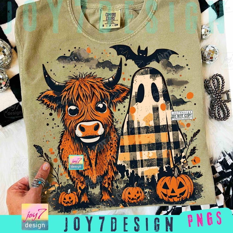 Cute Fall Highland Cow Ghost PNG Checkered Halloween Western Spooky Season Autumn Cow Shirt design Boo ghost Fall Pumpkin Cow Lover ORIGINAL image 1
