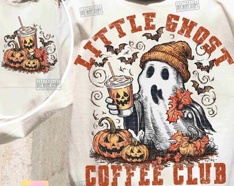 Petit fantôme Coffee Club Spooky Halloween PNG Fantôme effrayant automne chemise Png Spooky saison Tendance Halloween citrouille café vintage Png ORIGINAL