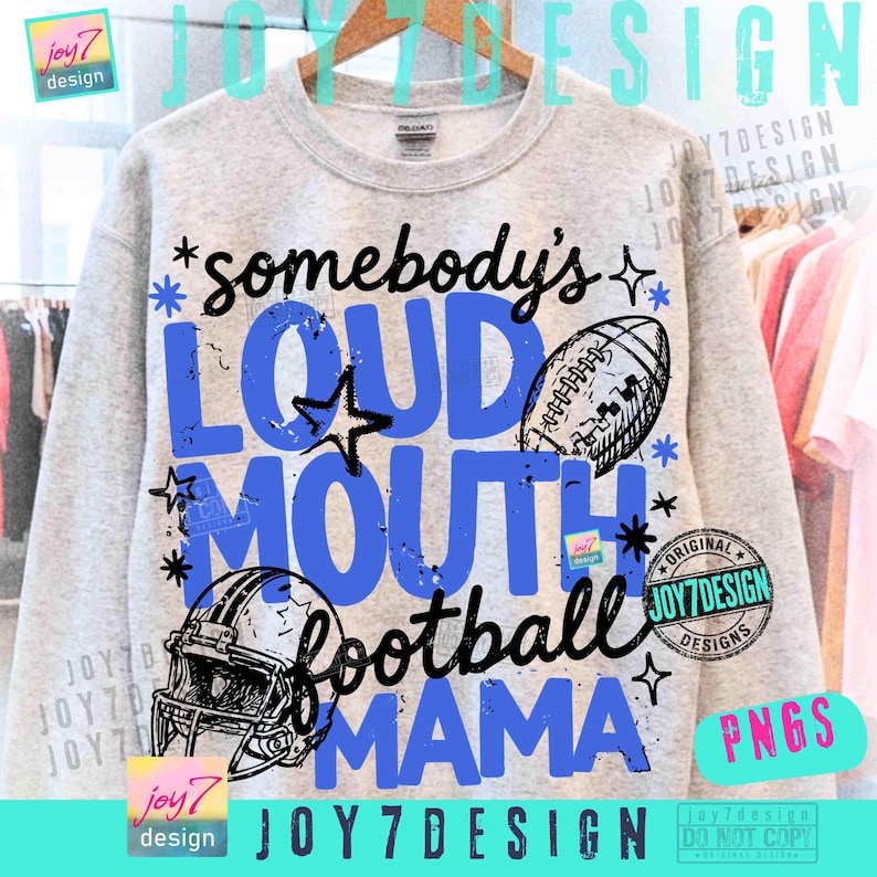 May include: A light gray crewneck sweatshirt featuring a graphic print with the text somebody's LOUD MOUTH football MAMA. The design includes a black and white football, a football helmet, and star accents in blue and black ink on the front.
