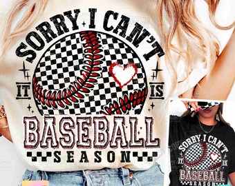 Lo siento, no puedo. Es temporada de béisbol. PNG. Béisbol retro a cuadros. PNG. Camiseta del día del juego de béisbol. Mamá del béisbol. PNG. Equipo de béisbol de moda. ORIGINAL.
