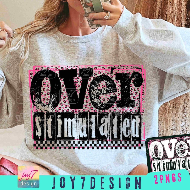 Overstimulated Snarky PNG Sarcastic Funny saying Png Retro Checkered Trendy Womens Leopard Print Sarcasm Sassy Png Funny Mom Png ORIGINAL image 1