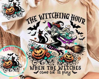 The Witching Hour Retro Halloween PNG Witch Black Cat Pumpkin Face Spooky season Png Witchy Spooky Vibes Png Funny Halloween Png ORIGINAL