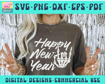 Happy New Year SVG PNG PDF, Rock Skeleton, Rocker Svg, New Year Eve Svg, Skeleton New Year Svg, Happy New Year Shirt Png, Cricut Silholuette