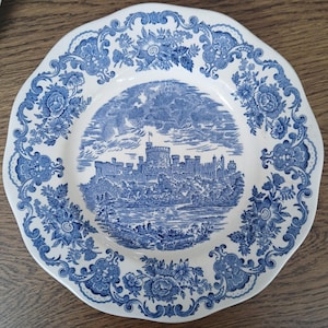 Plato vintage azul y blanco "Casas Reales de Gran Bretaña" | Vajilla Unicornio Inglaterra | Castillo inglés antiguo | Plato de pared de loza transferible