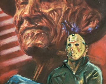 May include: A painting of a man wearing a hockey mask, holding another man in his arms. The man in the mask is wearing a green shirt and blue jeans. The man being held is wearing a brown hat and a red and white striped shirt. The background is a red and white striped flag.