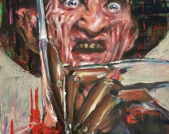 May include: A painting of a horror movie character with a disfigured face and a bloody knife. The character is wearing a brown hat and a red shirt. The background is a mix of green, red, and white.