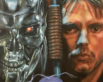 Può includere: Un dipinto che raffigura un cyborg con un occhio rosso che brilla e un uomo umano. Il cyborg è posizionato sul lato sinistro dell'immagine, mentre l'uomo è sul lato destro. Il cyborg tiene una pistola e l'uomo guarda lo spettatore. Un globo viola si trova al centro dell'immagine.