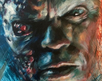 Può includere: Un dipinto ravvicinato di un viso maschile. Il lato sinistro del viso è dipinto con una texture robotica e metallica, mentre il lato destro è dipinto con una texture umana più realistica. L'espressione del viso dell'uomo è seria e intensa.