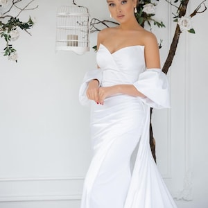 Satin bridal bicep cape long sleeve with train — Wedding cape add on  — Bridal robe long train cape veil — Detachable sleeves with cape