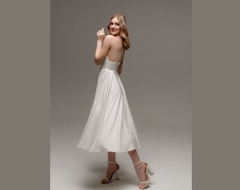 Sample Sale: Midi Satin Wedding Dress – Spaghetti Strap Plunge