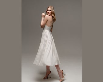 Short midi wedding dress with spaghetti straps — Bridal shower Simple Satin wedding dress — Sexy plunge rehearsal second wedding dress, prom