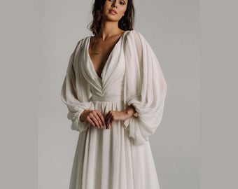 Ivory Chiffon Wedding Dress: Detachable Bishop Sleeves, Plunge Neck
