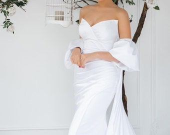 Satin bridal bicep cape long sleeve with train — Wedding cape add on  — Bridal robe long train cape veil — Detachable sleeves with cape