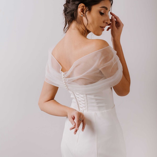 Detachable bridal off-shoulder wrap with pearl buttons back — off straps wedding shrug — tulle wedding wrap top