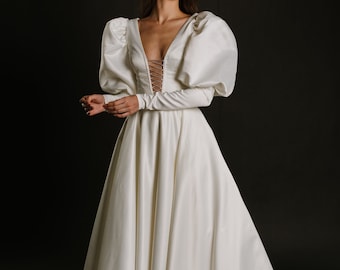 Satin Wedding Dress with Detachable Bishop Sleeves: Renaissance Ballgown