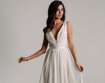 Ivory Chiffon Plunge Wedding Dress: Sleeveless Minimalist Bridal Gown
