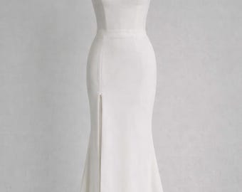 Sleeveless Crepe Wedding Dress: Strapless Corset, Slit Skirt
