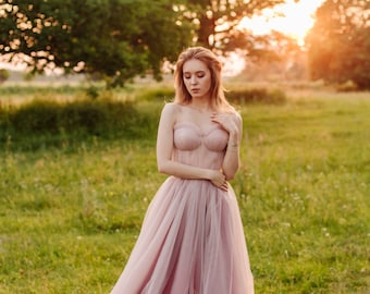 Blush pink tulle wedding dress — Simple romantic boho corset A line wedding dress — Sexy bohemian bustier wedding dress sleveless