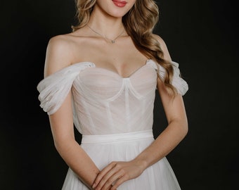 Boho Corset Wedding Dress: Minimalist Tulle A-Line, Off-Shoulder Straps