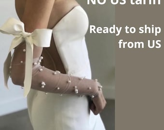 Detachable wedding sleeves pearl tulle & grossgrain ribbon bows