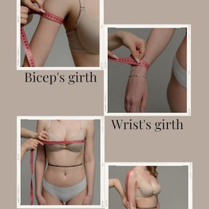 May include: Four images showing how to measure different parts of the body for clothing. The images show a person measuring their bicep, wrist, bust, and sleeve length using a pink measuring tape.