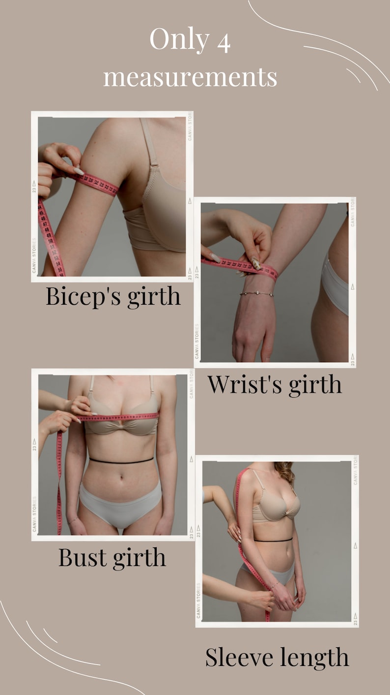 May include: Four images showing how to measure different parts of the body for clothing. The images show a person measuring their bicep, wrist, bust, and sleeve length using a pink measuring tape.