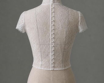High Neck Bridal Topper with Full Button Back – Chantilly Lace Wedding Top – Cap Sleeve Light Ivory Bridal Blouse