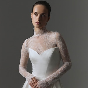Lace Bolero waist Top long sleeve READY TO SHIP Topper — Chantilly lace sheer wedding jacket — Bridal shrug add on, turtleneck cover overlay