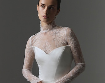 Lace Bolero waist Top long sleeve Topper — Chantilly lace sheer wedding jacket — Bridal shrug add on, turtleneck cover overlay