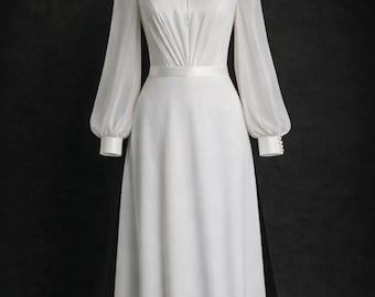 Minimalist Crepe Wedding Dress: Long Chiffon Sleeves, Elopement Gown