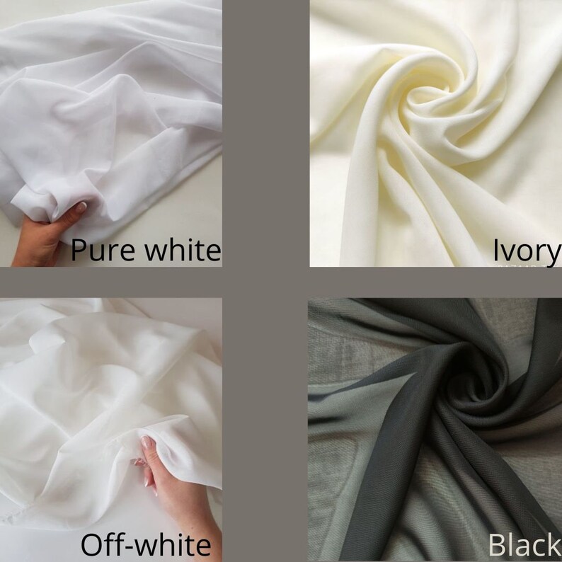 May include: Four fabric swatches in different colours: pure white, ivory, off-white, and black. The fabric is sheer and has a soft, flowing texture.