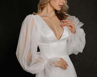 Satin Corset Wedding Dress with Tulle Sleeves: Minimalist A-Line Bridal Gown