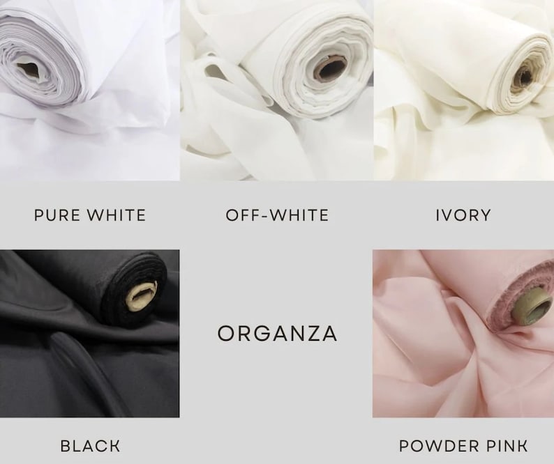May include: A close-up of six fabric swatches rolled up. The swatches are in the colors: pure white, off-white, ivory, black, and powder pink. The fabric is organza.