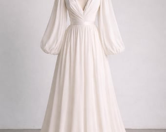 Long Sleeve A Line Chiffon Wedding Dress – Deep V Neck Bridal Gown – Romantic Minimalist Bride