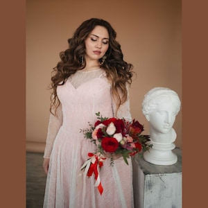 Plus size corset tulle wedding dress long sleeve — A line sparkle unique wedding dress — Blush pink color wedding wedding dress glitter
