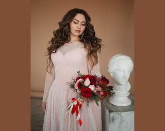 Plus Size Blush Pink Sparkle Wedding Dress: Long Sleeve Tulle A-Line