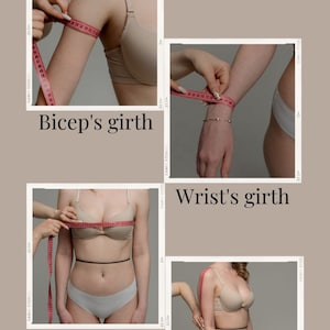 May include: A collage of four images showing how to measure different parts of the body using a measuring tape. The images show how to measure the bicep's girth, wrist's girth, bust girth, and sleeve length.