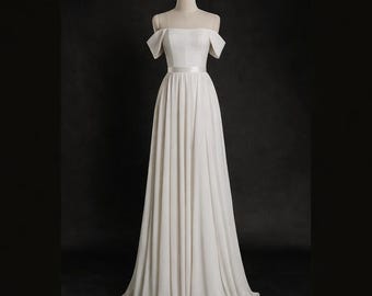 Off-Shoulder Chiffon Wedding Dress: Flowy Beach Bridal Gown