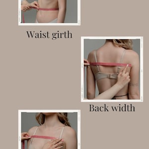 May include: Three images showing how to measure different parts of the body for clothing. The first image shows a person measuring their waist with a tape measure. The second image shows a person measuring their back width with a tape measure. The third image shows a person measuring the width between their arms with a tape measure.