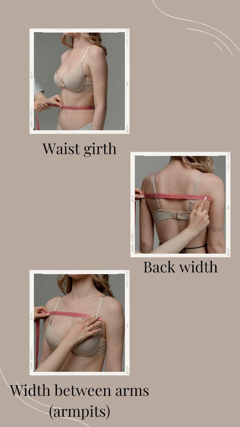 May include: Three images showing how to measure different parts of the body for clothing. The first image shows a person measuring their waist with a tape measure. The second image shows a person measuring their back width with a tape measure. The third image shows a person measuring the width between their arms with a tape measure.