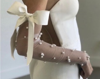 Detachable wedding sleeves pearl tulle & grossgrain ribbon bows